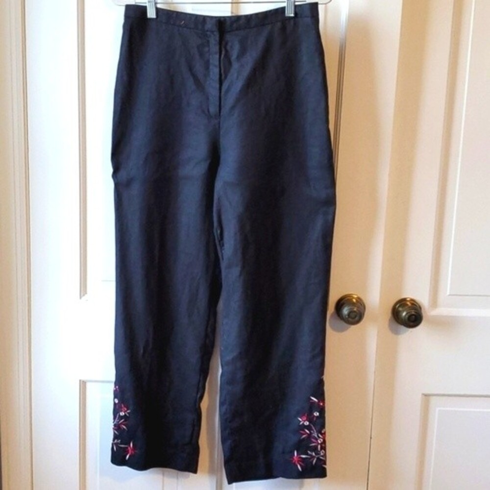 100% LINEN EMBROIDERED SUPER HIGH WAIST RISE PANTS BLACK SIZE 10 VINTAGE 90S